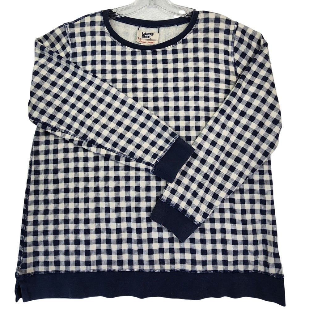 Lands End L Blue Gingham Check Serious Sweats Crewneck Pullover Preppy Nautical